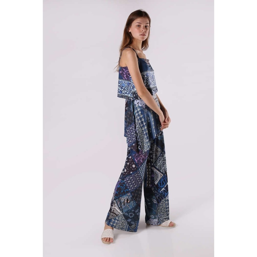 Desigual Candice Jumpsuit M Blue Floral Paisley Patchwork Artsy Bohemian Hippie - Picture 2 of 16